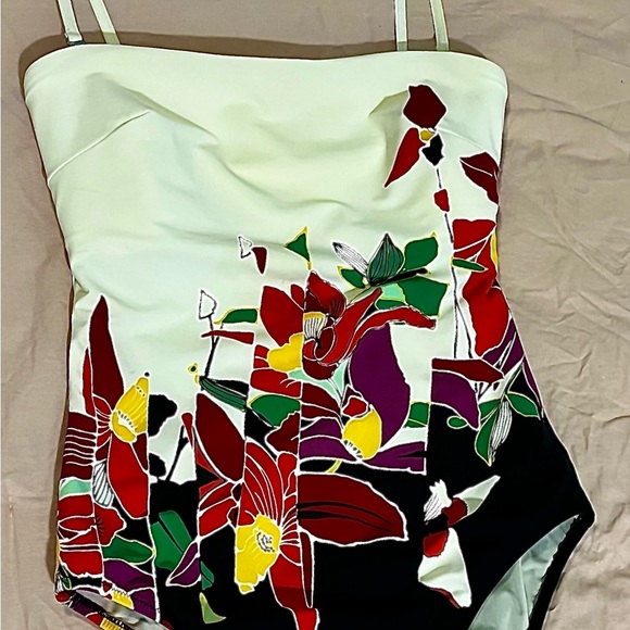 Gottex Vintage Swimsuit One Piece Floral Graphic Removable Strap Beach Sz 12 - Picture 2 of 5